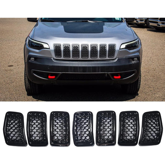 KYYET Front mesh grill trim Honeycomb insert cover accessories 7 gloss black JEEP CHEROKEE 2019 2020 2021 compatible