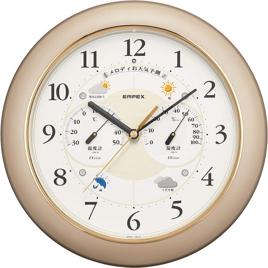 Empex Weather Meter Temperature and Hygrometer Melody Weather Station EX with Weather Forecast Function for Wall Mounting Made in Japan Champagne Gold BW-5208