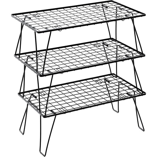 PYKES PEAK Alloy Steel Camping Rack Folding 2 Tier 3 Tier 4 Tier Compact Bonfire Table Stacking Field Rack Storage Depth 35cm Outdoor Camping TOUGH STANDARD Set of 3