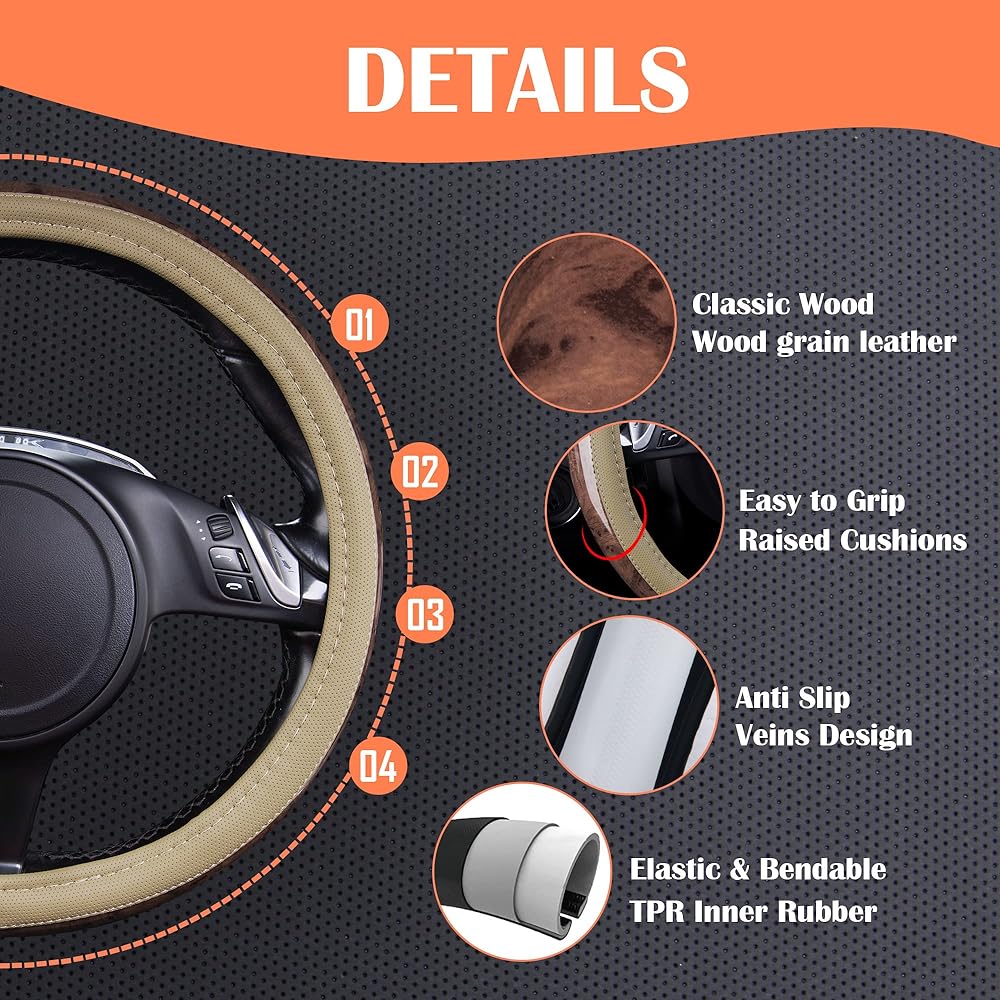 CAR PASS Universal Fit Full Wood Leather Leather Steering Wheel Cover SUV, Truck, Sedan, Slip Prevention Design ... (Black)
