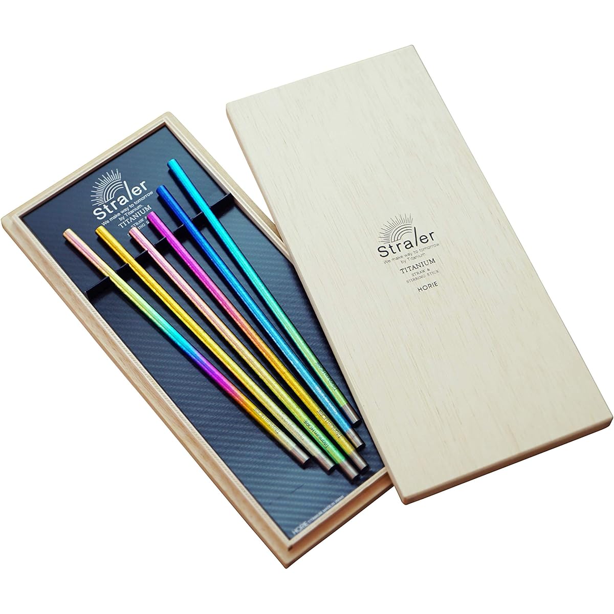 HORIE Made in Japan Pure Titanium Straw x Stirler Titanium Straler Set of 6 Titanium Straler Gift Box in Paulownia TSTGC6P