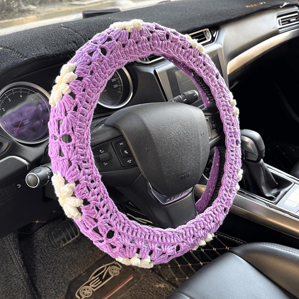 Kag needle handle cover set Cute car handle cover Boho 14-15 inch Handmade Daisy Square Pattern Gift Ladies Car Accessories (Wheel Cover)