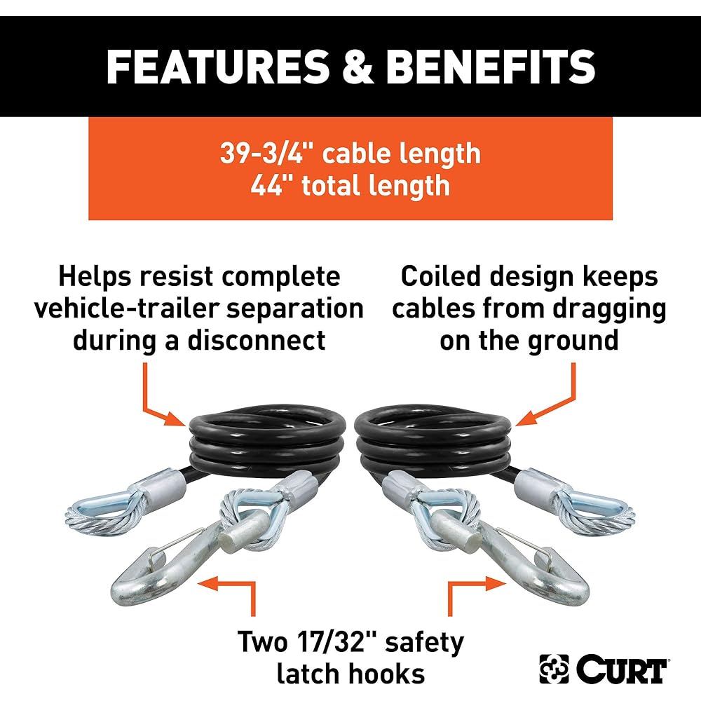 Curt 80176 44 inch vinyl coating trailer safety cable 17/32 inch snap hook destructive strength 7,500 pound 2 packs