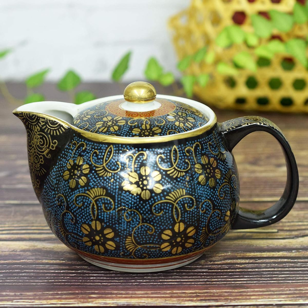 [With easy-to-clean tea strainer net] Kutani ware pot, teapot, blue-grain iron porcelain, Japanese tableware, tea utensils, made in Japan