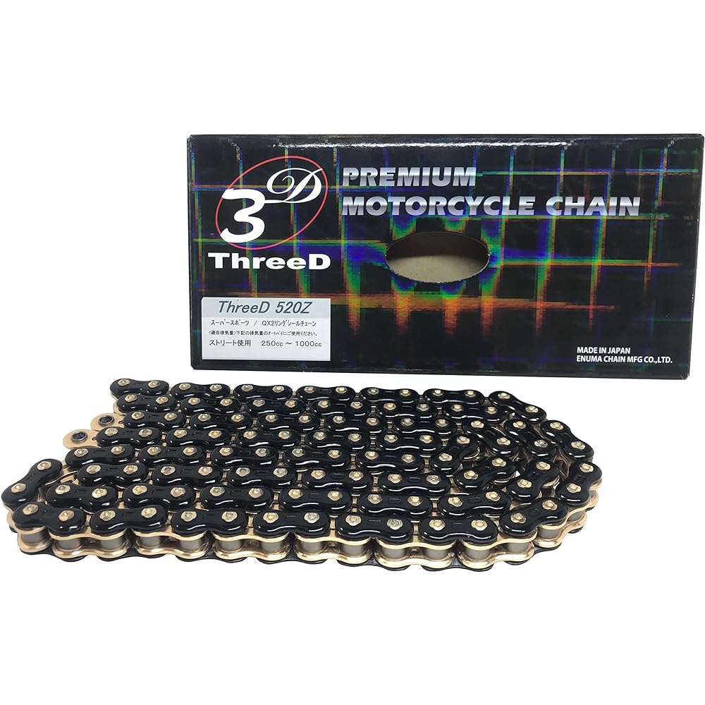 THREED Motorcycle Chain 520Z Black/Gold 116L MLJ (Caulking Joint) QX2 Ring Seal