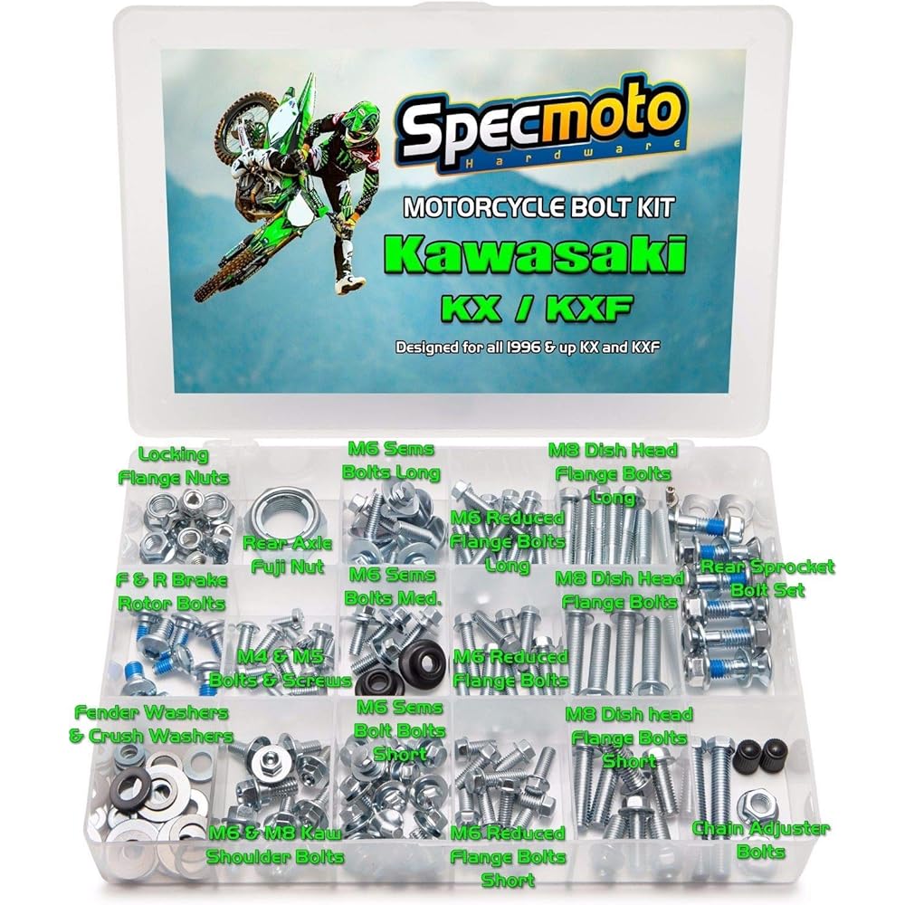 Specmoto Hardware Kawasaki Bolt Kit: KX/KXF Model Series Dart Bike (after 1996).