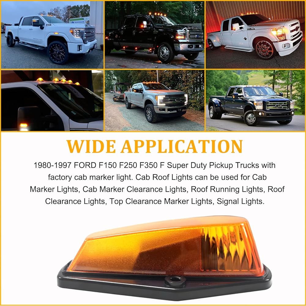 PSEQT 5 Cab Roof Marker Light Amber LED Top Clearance Marker Light F150 F350 1980-1997 Super Duty Pickup Track 12V Signal Running Light Amber Cover & T10 With LED
