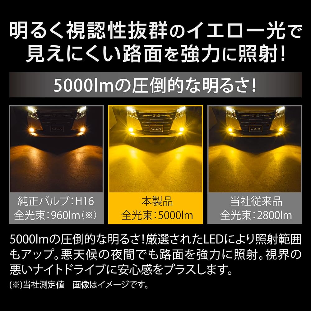 Carmate Car LED Fog Lamp Yellow 5000lm [H8 H11 H16] GIGA LED Fog Bulb F5000S BW5151
