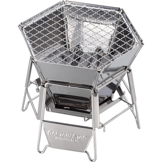 CAPTAIN STAG Bonfire Stand Barbecue Stove Grill 2 in 1 Hexa Stainless Steel Fire Grill Tabletop Grill S Size Stainless Steel Storage Bag Included UG-94