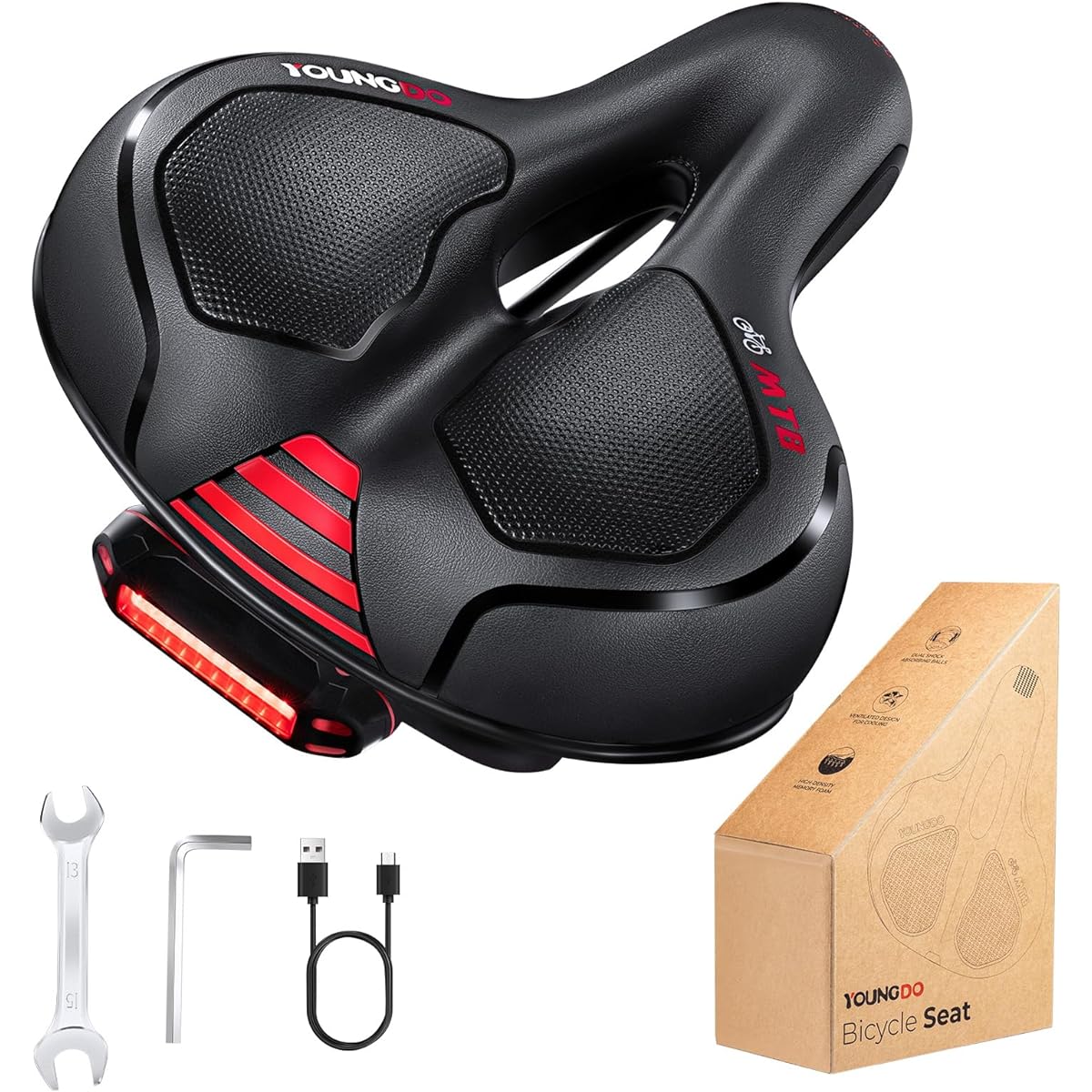 YOUNGDO Saddle Bicycle Saddle [Ultra Thick, Low Repulsion with LED Light] Saddle Cushion, Perforated, Ventilated, Waterproof, Resistant to Slip, Compatible with Road Bikes, Cross Bikes, Mountain Bikes, Aero Bikes