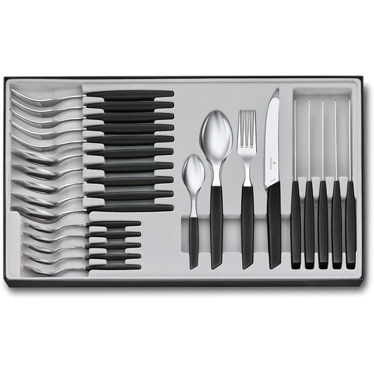 VICTORINOX Cutlery Table Set Fork & Steak Knife & Spoon 24 Piece Set Black Elegant ergonomic table set to brighten up your dining table Dishwasher safe Swiss Modern 6.9093.11W.24