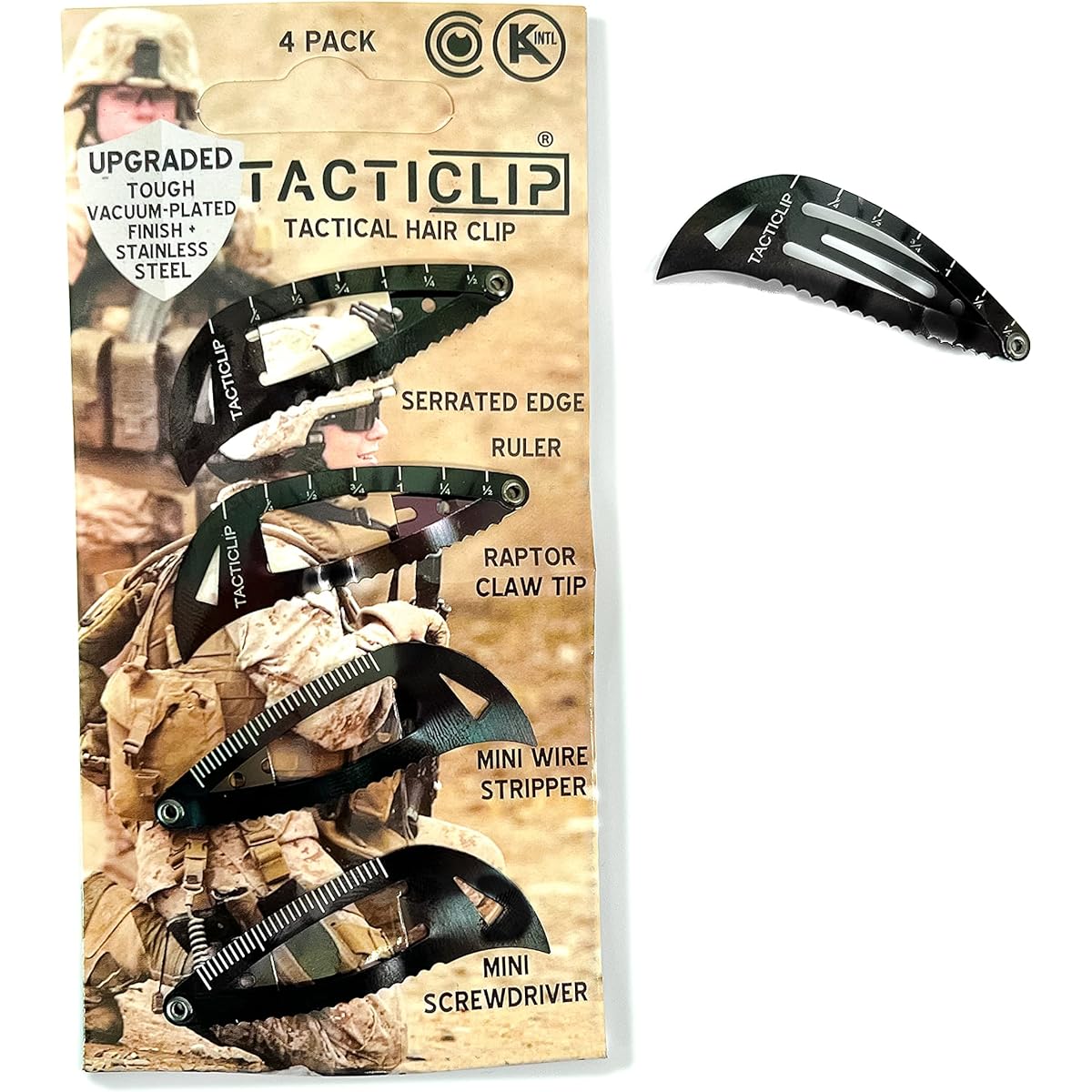 Tacticlip - 4 Pack - Tactical Hair Clip, Multitool Snap Barrette - Multifunctional Keychain Metal Multitool - Box Cutter, Serrated Edge, Raptor Claw - Non-Slip, Kipper Clip, Travel for Thick Hair (Tactical Black)