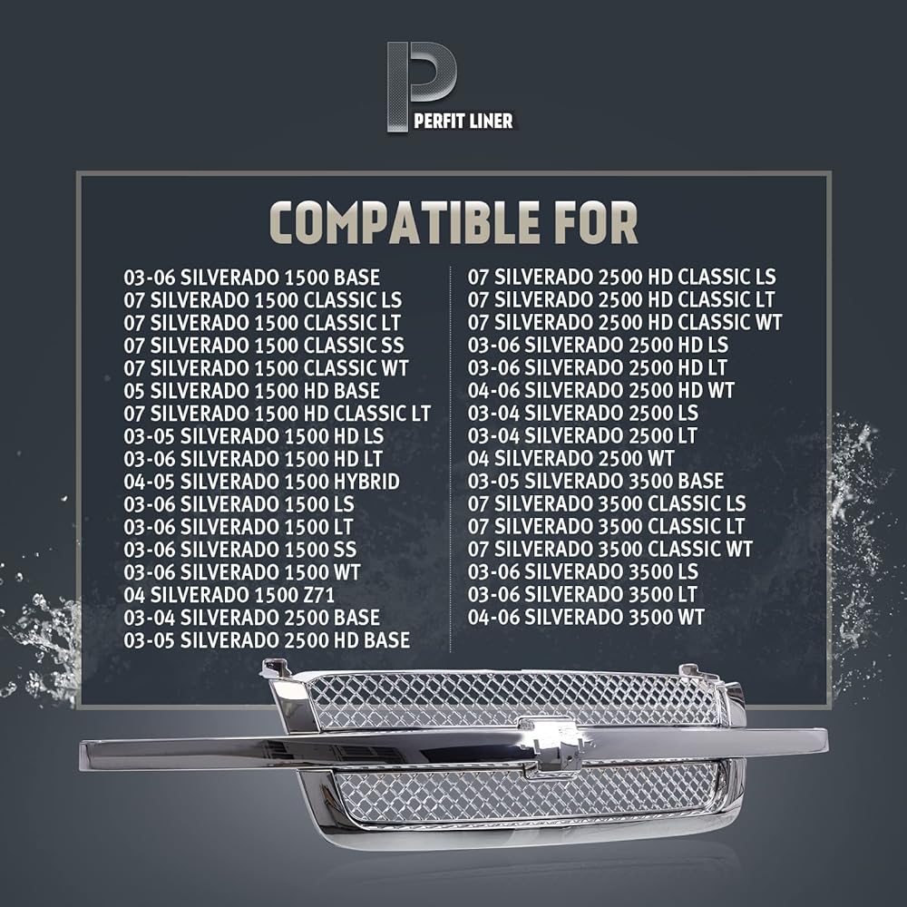 Perfit Liner Front All Chrome Glyl Grill Chroma Center Bar 2003-2006 Chevrolet Sylvarad Avava Lunch 1500 2500 3500 HD Pickup for GM1200514