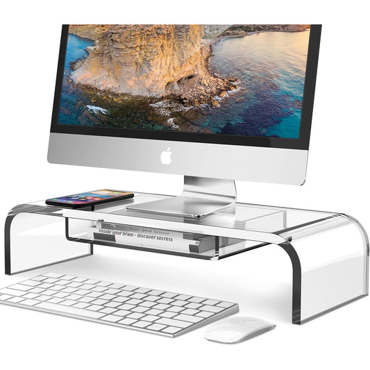 DeskLogics Computer Acrylic Monitor Stand Storage with Riser - Large Size Single Clear PC Desktop Monitor Holder for Desk, Keyboard Storage, Laptop, TV Screen, Home, Office, Gift Idea