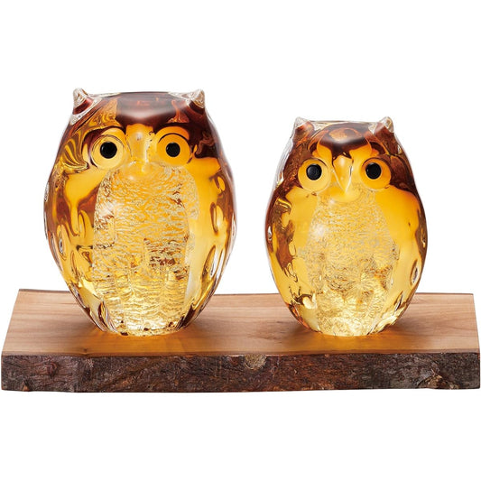 Glass ornament parent and child owl amber gold FS-71522