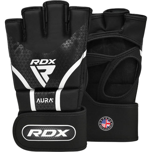 RDX Open Finger Gloves AURA plus Mixed Martial Arts MMA Black (M, Black)