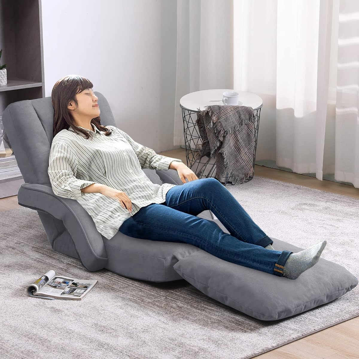 KyoDa Seat Sofa High Back Armrest with Cushion Folding Reclining 14 Levels Adjustment Fuafua Leg Rest Floor Chair JP-8802-GR