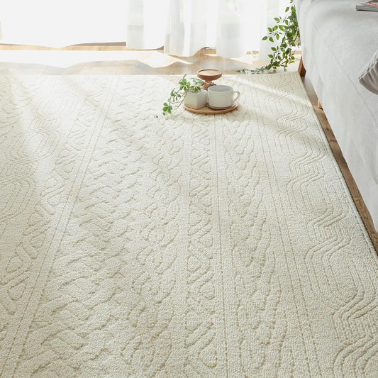 Glam Style Rug Carpet Scandinavian Stylish Washable 1.5 tatami 130x190cm Earth Mite Resistant Antivirus Antibacterial Odor Resistant Compatible with Floor Heating Knit Pattern Ivory