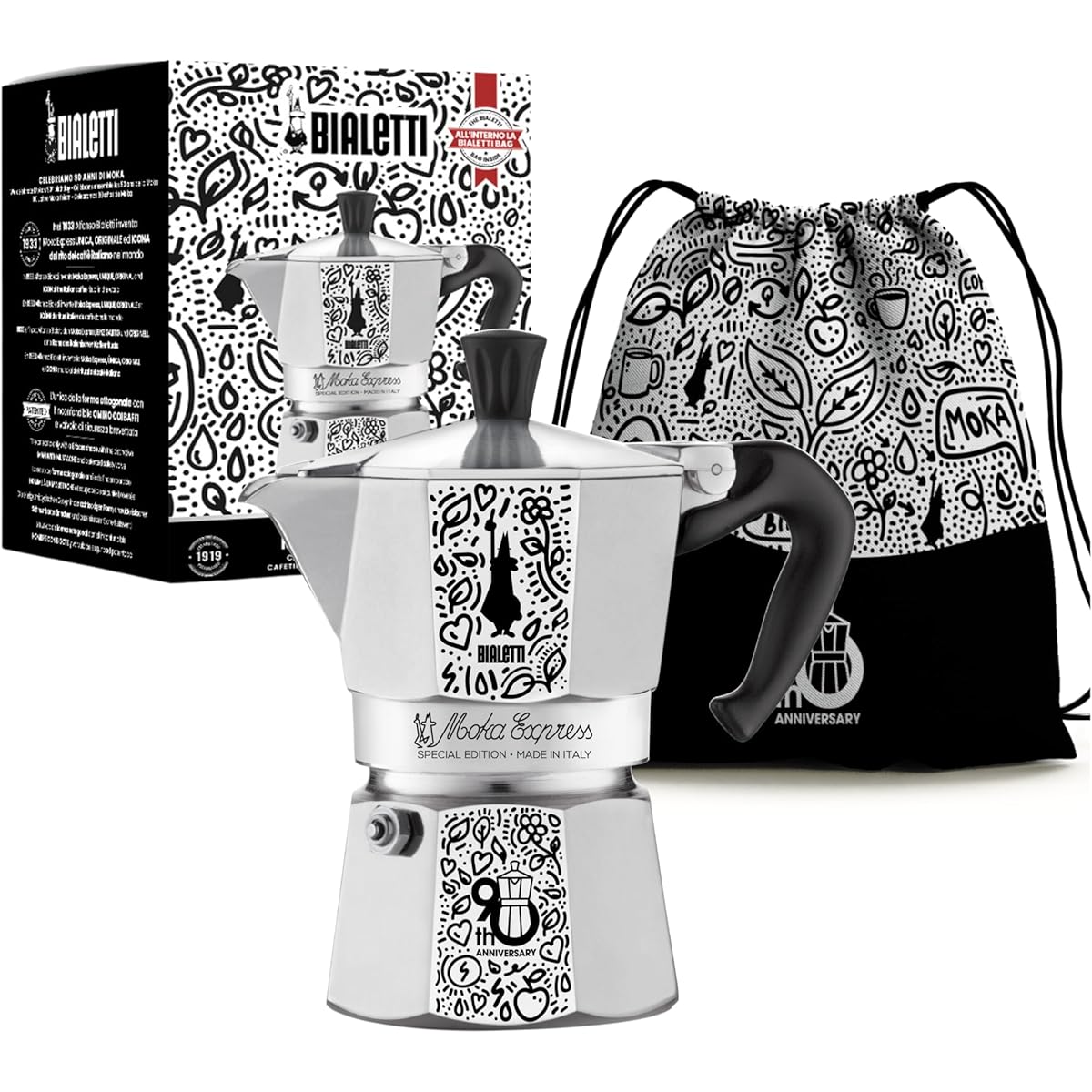 Bialetti Mocha Express 90th Anniversary Model DOODLE ART 3 Cup Direct Fire Type (Coffee Maker Espresso Maker Macchinetta)