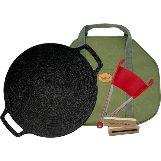 Authentic Korean Made BUFALLO Multi Griddle Pan IH Compatible Iron Plate Round Frying Pan BBQ BBQ Camping Outdoor (L Set)