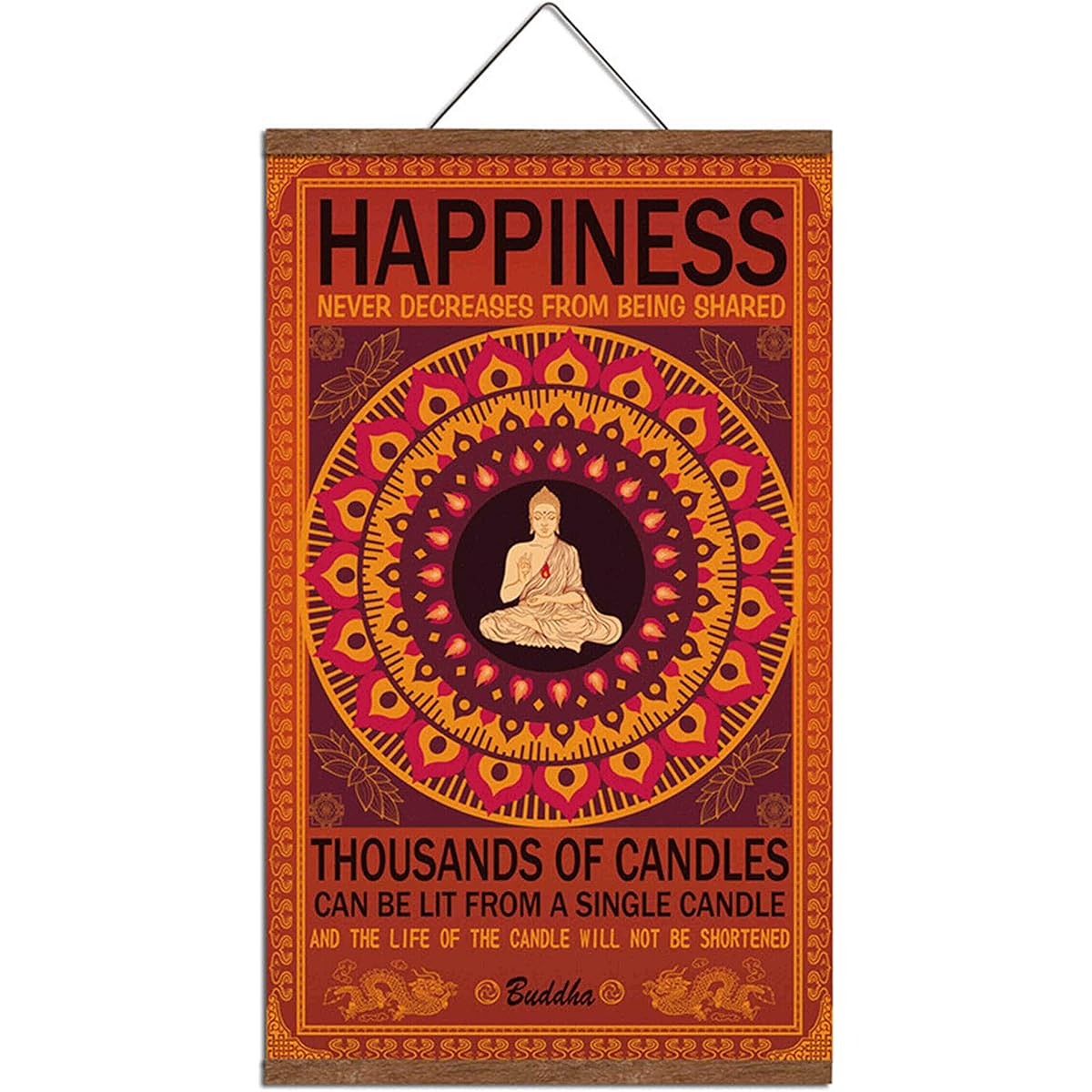 Buddha Wall Art Zen Decor Printed on Canvas with Scroll Wooden Frame Hanger Poster Happiness Quote Motivational Home Decor Hanging Painting 15.7 x 27 inches (Buddha Happiness)