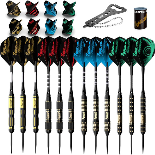 IgnatGames Steel Tip Dart Set Professional Darts with Case and Dart Guide, Dart Steel Tip Set with Aluminum Shaft + Rubber O-Ring + Additional Flights + Dart Sharpener and Wrench