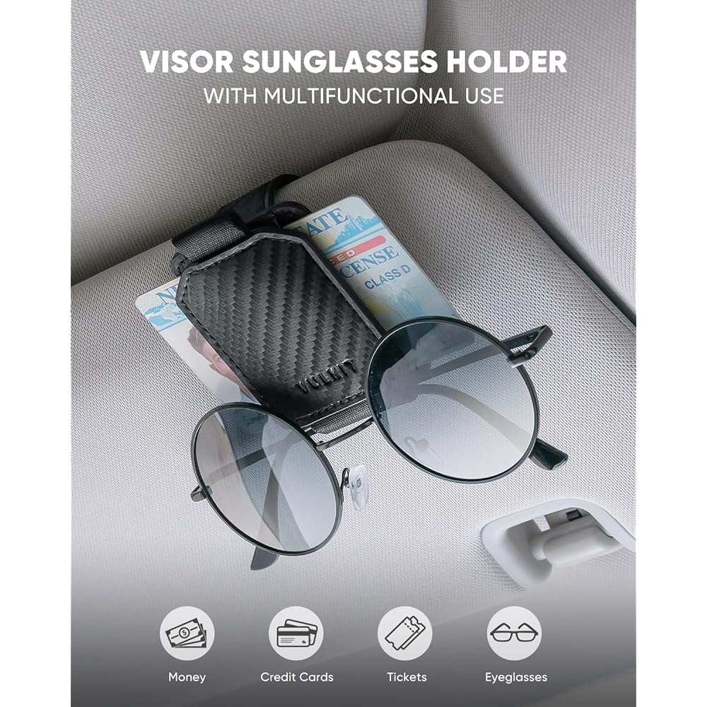 VULKIT Sunglasses Holder Magnetic Leather Sunglasses Card Clip Glasses Hanger Mount Car Viser Accessories Automotive Travel, CF-Black