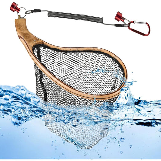 Landing Net Mountain Stream Rubber Net "Craftsman Finish Wooden Frame Curved Pattern Waterproof Nylon Soft Rubber Mesh Compact and Lightweight Will Not Hurt Fish" For Tube Fishing, Bait Fishing, Fly Fishing, Trout, Trout Fishing Catch and Release