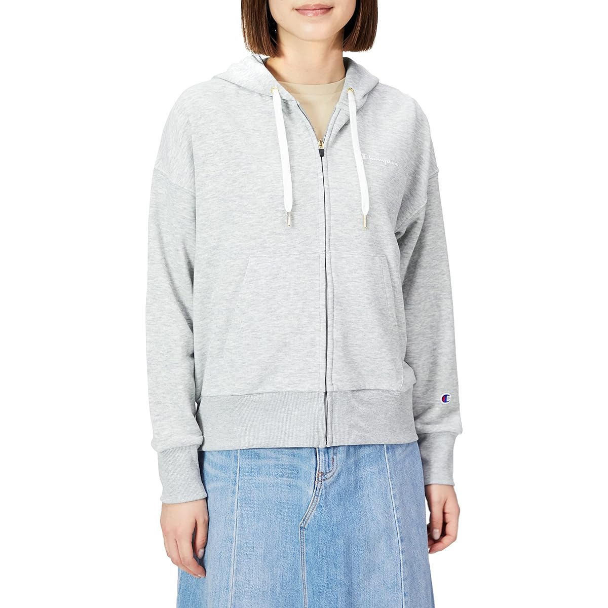 [Champion] Hoodie Stretch Script Logo Relaxed Fit Zip Hooded Sweatshirt Women's Sports CW-VS101