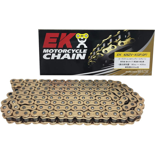 EK Motorcycle Chain 428ZV-X Gold 128L SKJ (Semi Press Clip Joint) QX Ring Seal