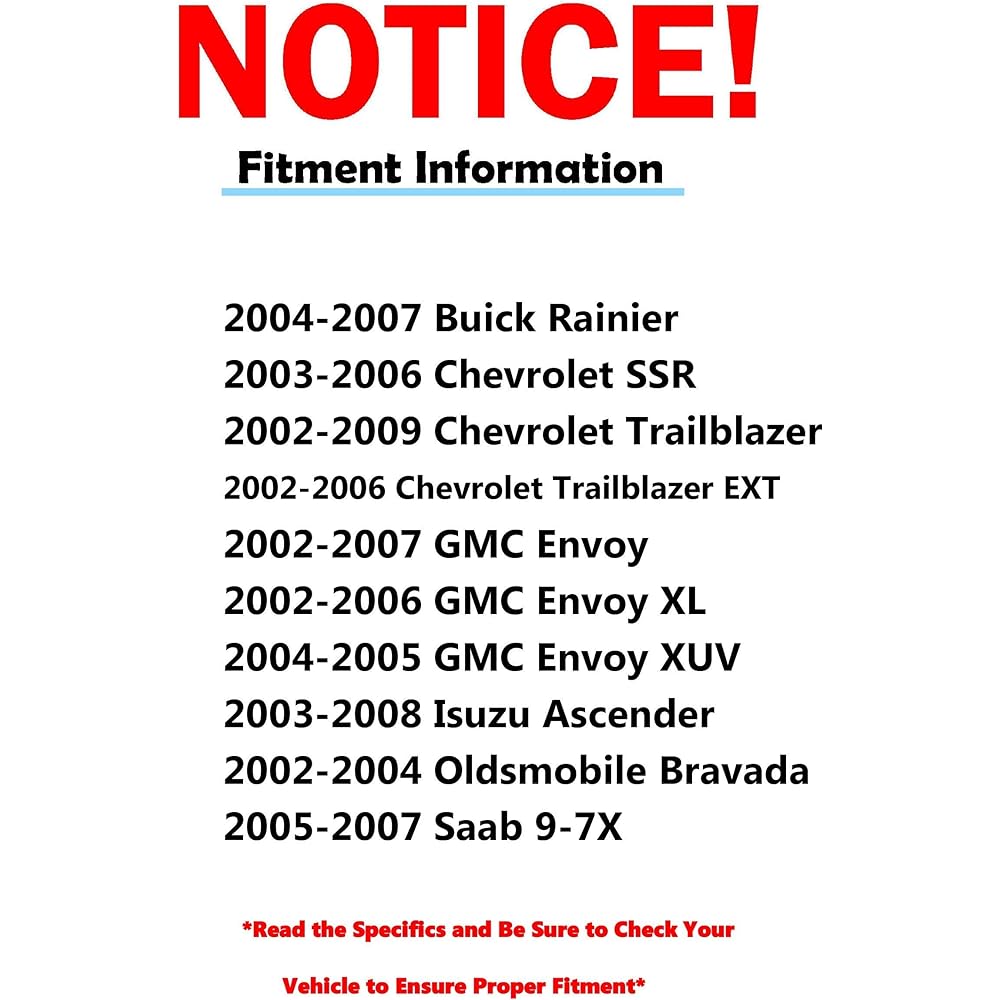 Detroit vehicle axis -all (4) Up and lower ball joints -2004-2007 Bukul Reinia- [2003-2006 Chevrolet SSR] --2002-2009 Chevrolet Trail Blazer- [2002-2007 GMC Emboy] --2003-2008 Isuzu Asender