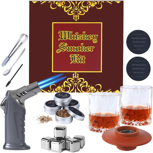 INKINNOE Cocktail Smoker Kit, Set of 20, Includes Pair of Rock Glasses, Pair of Coasters, Ice Cubes, 4 Types of Wood Chips, Torch, Cocktail Smoker, Smoking, Whiskey Smoker, Smoker, Luxury Gift Box, Present for Men, Birthday, Father's Day, Retirement, Pop