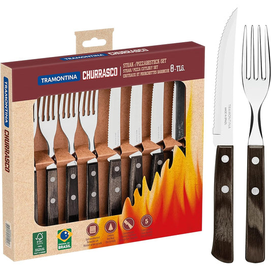 Tramontina Polywood Heavy Duty Natural Wood Handle Steak Knife 21cm & Table Fork 19cm Set of 8 Dishwasher Safe 3 Degree Heat Treated Knives Dark Brown Boxed Dishwasher Safe Shockproof Lightweight Made in Brazil 29899/296 TRAMONTINA