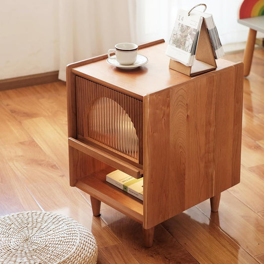 MU RONG Night Table American Cherry Bedside Table Wooden Side Table Width 43 x Depth 32 x Height 51 cm With Drawer Solid Wood Finished Product No Assembly Required Magazine Rack Tempered Glass Living Room Small Items Storage Scandinavian Stylish Compact