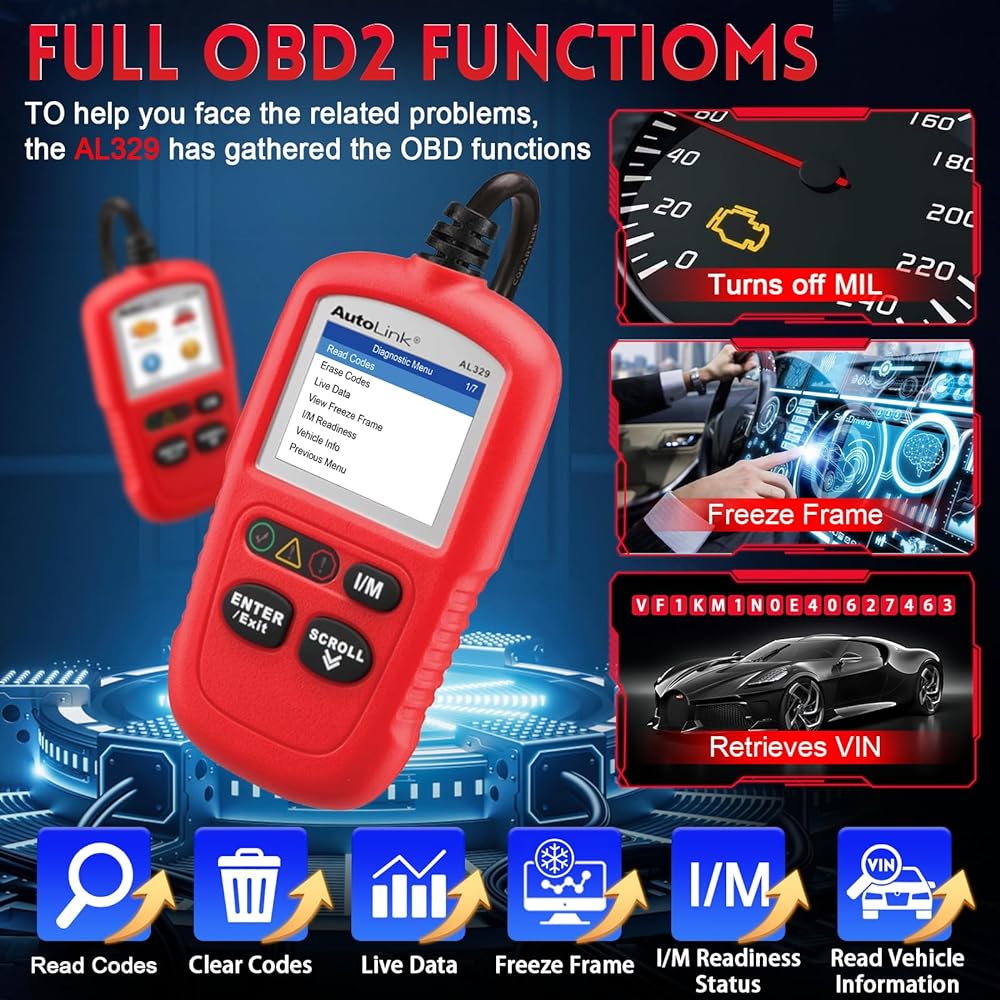 Autel Autolink AL329 (upgrade version of AL319/MS309) Code reader Autovin with Autovin One -click I/M Preparation key OBDII scan Live Data Conditional discharge monitor Coses DTC lookup -up car diagnostic tool