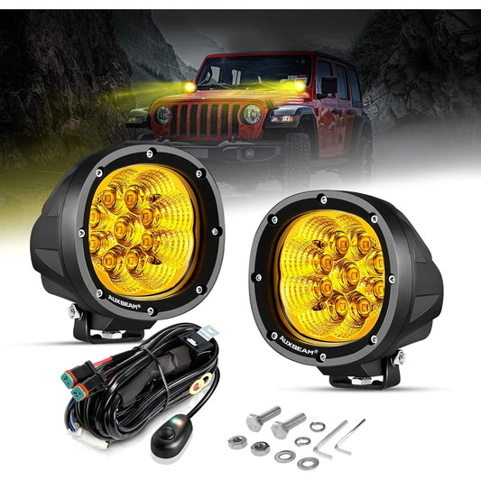 AUXBEAM 4 -inch Amber Round LED Driving Light 2 90W 90W 90W 90W Yellow Fog Pod Light Bar Off Road Work High Light DT Plug Wiring Hurnes Kit Track Jeep Pickup ATV UTV MC for UTV MC