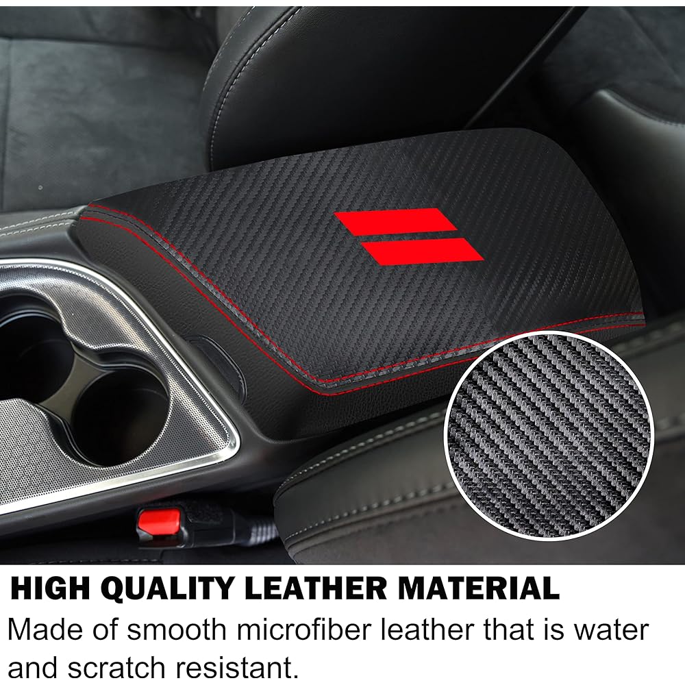 YOSRTER Dodge Challenger Accessories 2015 2016 2017 2017 2019 2019 2019 2019 2020 2022 2023 Center Console Arm Rest Cover Interior Box Prevention Leather Central Armrest Decoration (Carbon Fiber Red)