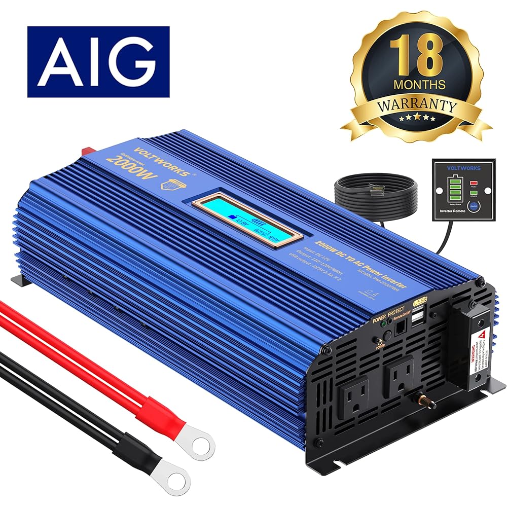Power Inverter 2000 Watt DC 12V to AC 120V Modified Sinus Wave Inverter LCD Display Remote Control 3AC Outlet Dual 2.4A USB Port for Car RV Truck Boat
