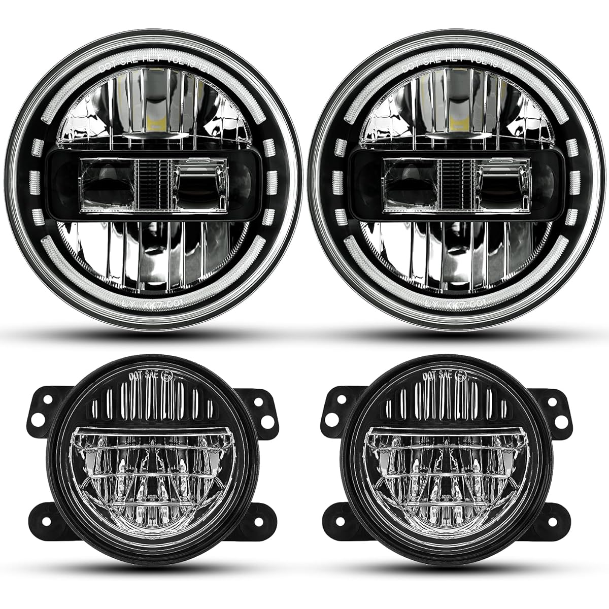 Audexen 7 inch black LED headlights DRL high-low beam + 4 inch black Smiley Design LED Fog Light Jeep Langler JK JKU TJ LJ 1997-2018, 2022 Express Patent