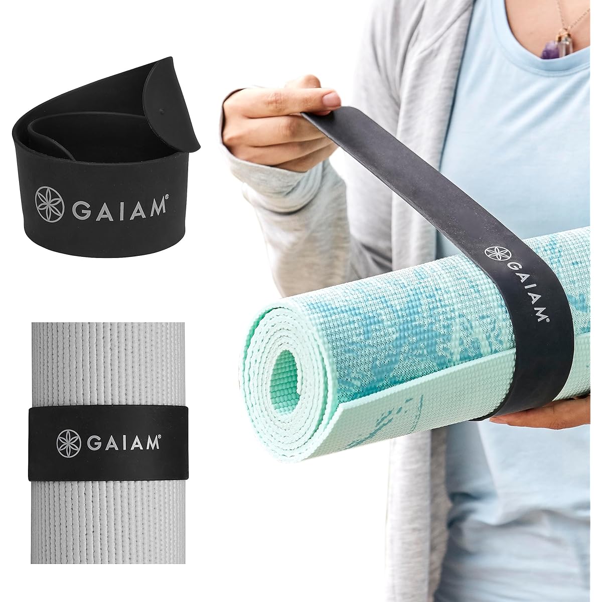 Gaiam Yoga Mat Strap Slap Band - Wrap your mat tightly and keep it safe. Fits most size mats (20" L x 1.5" W) Black