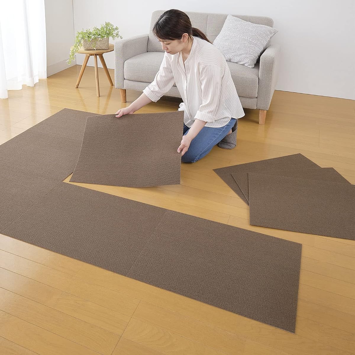 [Made in Japan, Water Repellent, Deodorizing, Washable] Sanko Non-Slip Joint Mat, Kitchen Mat, Living Room, 45 x 60 cm, Brown, 12 Pieces, Carpet Type, Okudake Adsorption OF-75