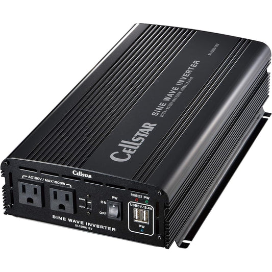 CELLSTAR Sine wave inverter SI-1500/12 Rated output 1,200W (Max. 1,500W) USB (Rated 2.4A) Cord length 2.0m For 12V cars only CELLSTAR