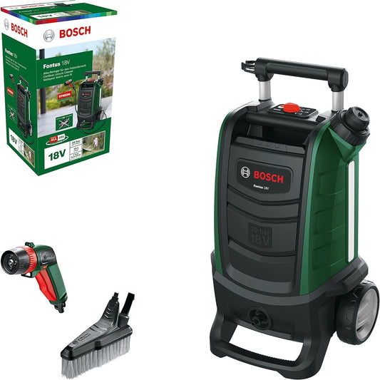 Bosch DIY Cordless Washing Machine (Body Only) (Spray Gun - Smart Brush - Tank Cap with Built-in Coupler - Includes 4m Hose for Spraying) FONTUS218H Green and Black