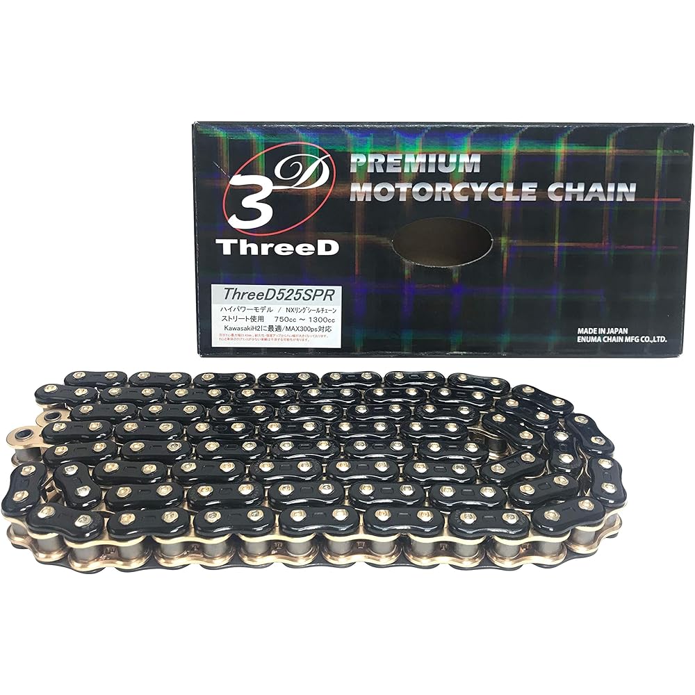 THREED Motorcycle Chain 525SPR Black/Gold 118L MLJ (Caulking Joint) NX Ring Seal