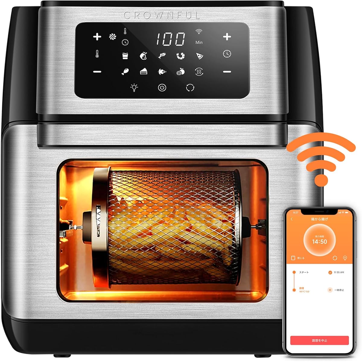 CROWNFUL Air Fryer, 10L, Large Capacity, Non-Fry Oven [Remote Control/Rotisserie Function] Air Fryer, Multiple Simultaneous Cooking, 6 Roles in 1 Unit, 9 Types of Menus, Electric Fryer, 360 Degree Air Circulation, Visible Window, Japanese Recipe Included