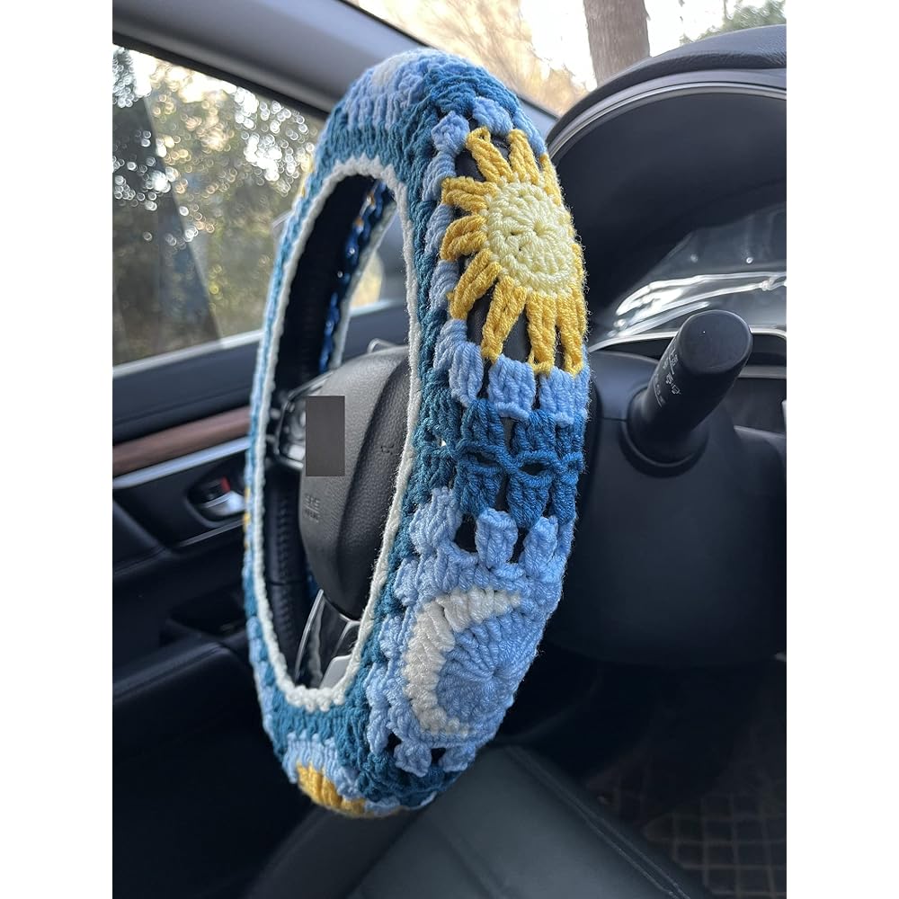 Handmade sticker-knitting sun and moon car handle cover Universal 14-15 inch men and women (handle cover+steering needle knitting strawberry)