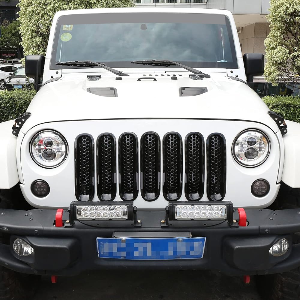 HOKE ROAD [Version Up] OPAR SHINY Black Front Mesh Grill Insert 2007-2015 Steel Headlight Cover Guard & Wrangler Annted (7 packs)