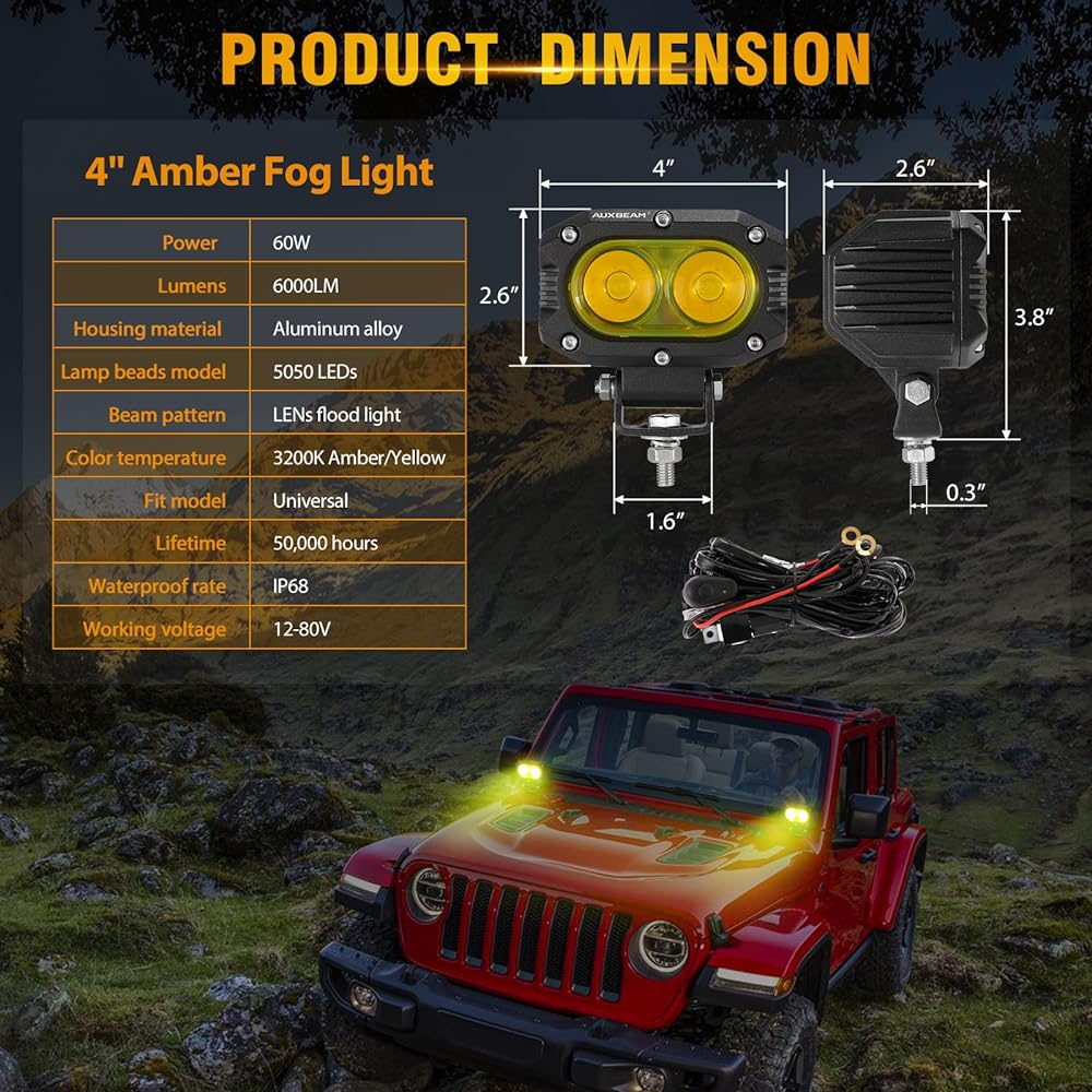 AUXBEAM LED Amber fog light 4 inch 60W LED driving off -road light ultra -high brightness amber light pod wiring harness kit Yellow fluem pod light truck SUV ATV UTV Jeep Langler For motorcycle