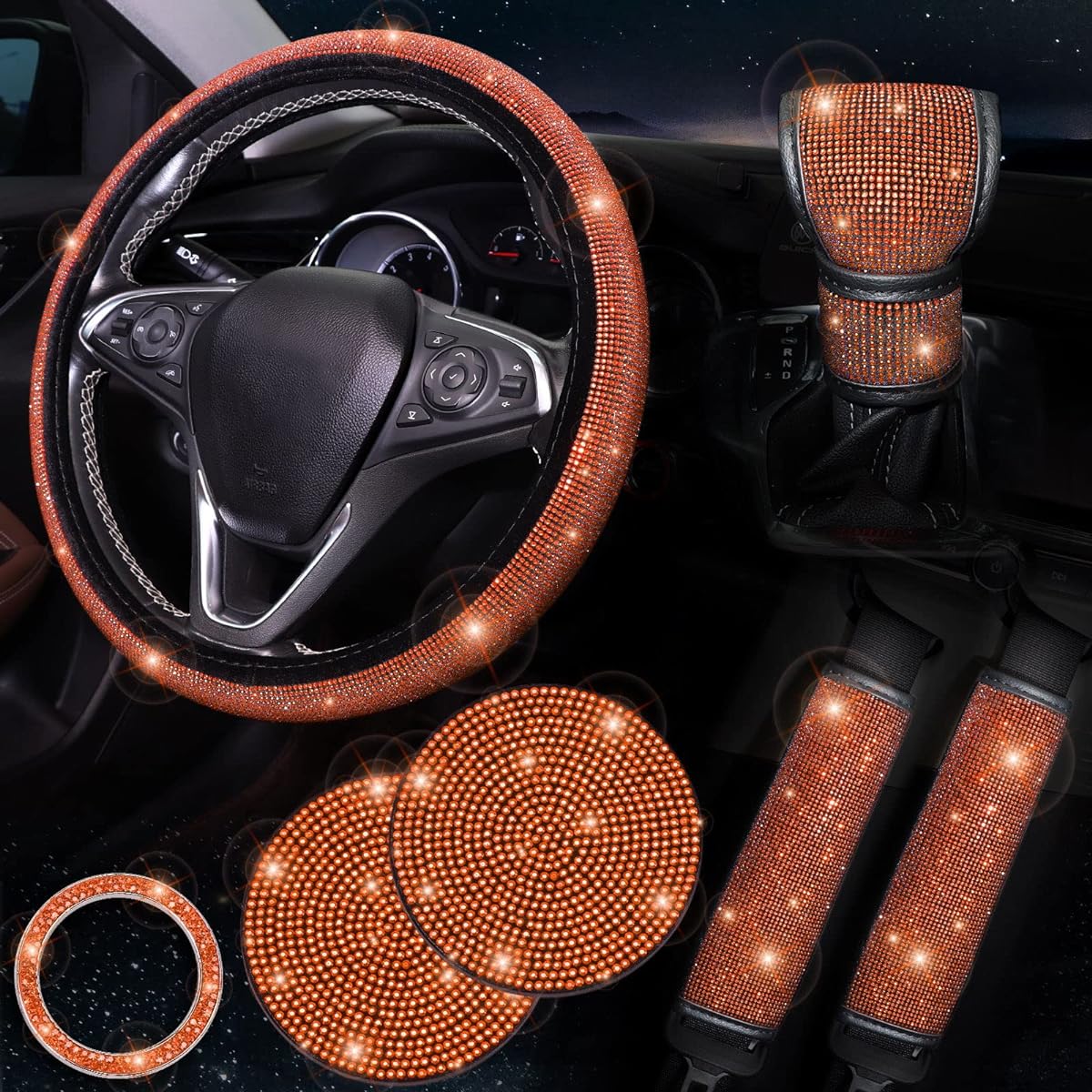 TOBEQUEEN orange handle cover set 15 inches 7 packs Crystal rhinelistone Diamond orange glittering glittering car accessories Seat cushion cushion Karakira shift knob covers car cup coaster orange