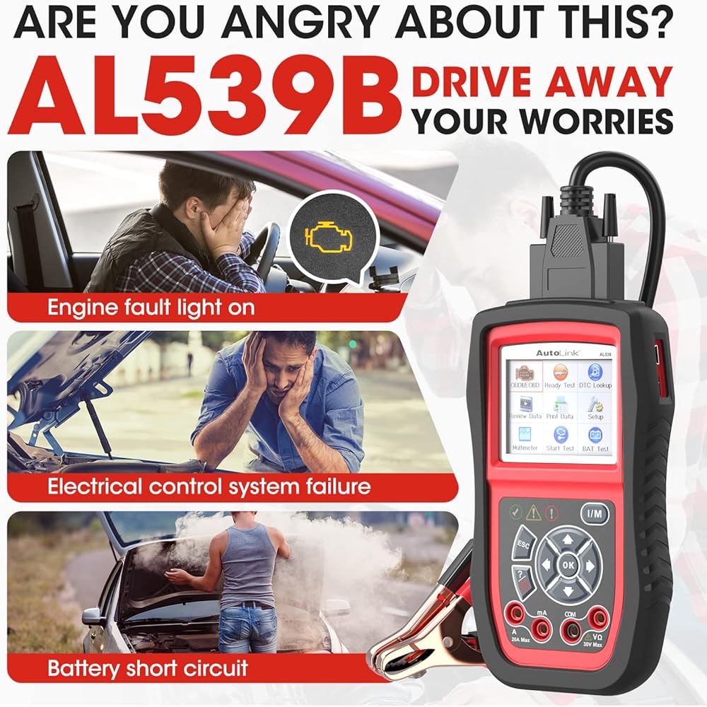 AUTEL AL539B OBD2 Scanner 3 Inn 1 Code Leader Battery Tester Avometer 12 Bolt Battery Diagnosis Circuit Start & Charging System Test